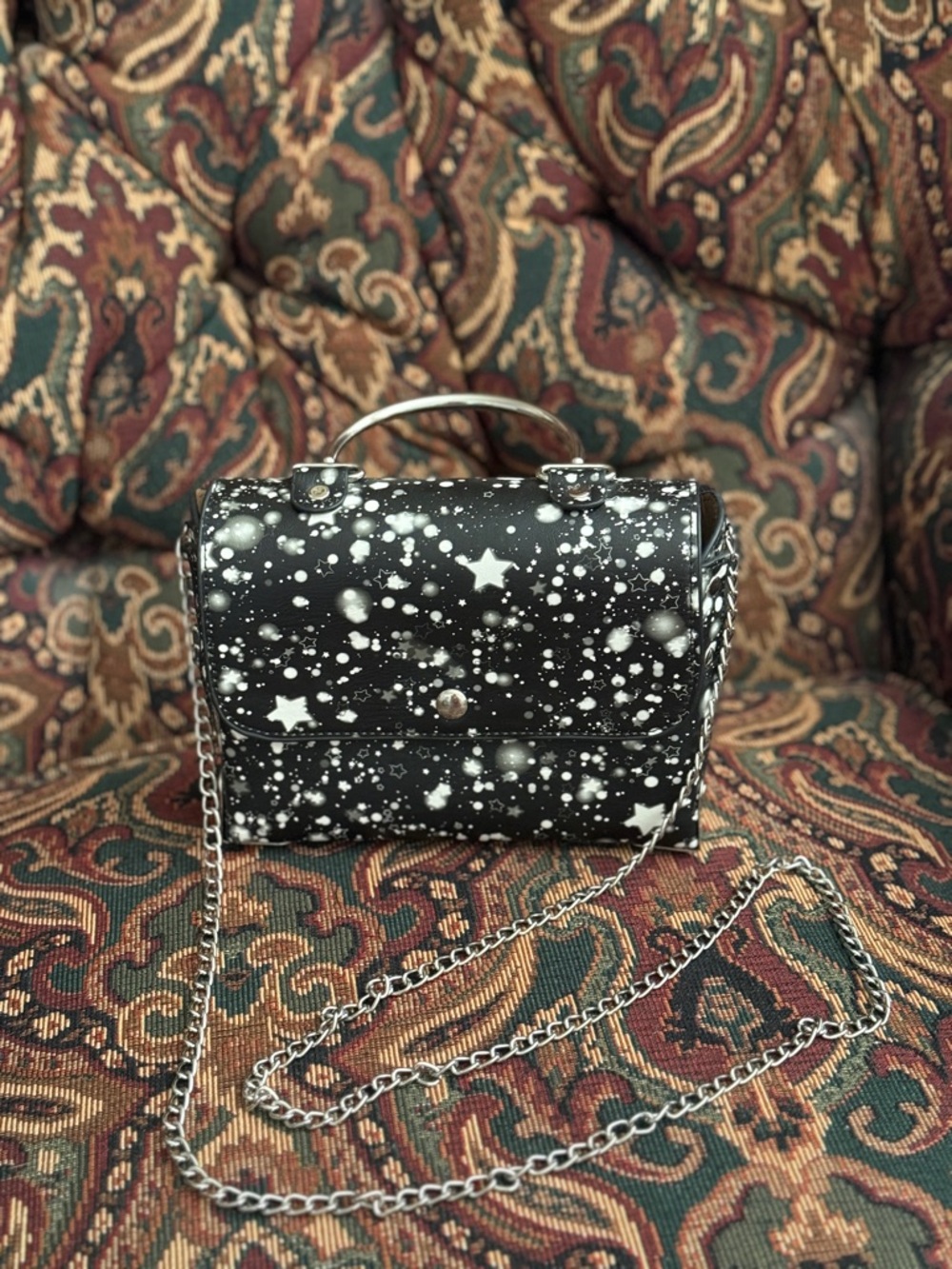 Black Star Print Crossbody Bag with Chain Strap